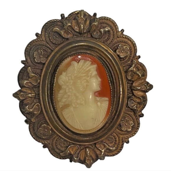 Antique Victorian Celluloid “First Plastic” Cameo Brooch Pin,Ornate Golden Frame - Picture 3 of 9